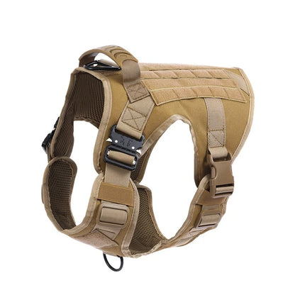 Tan tactical dog harness on a white background