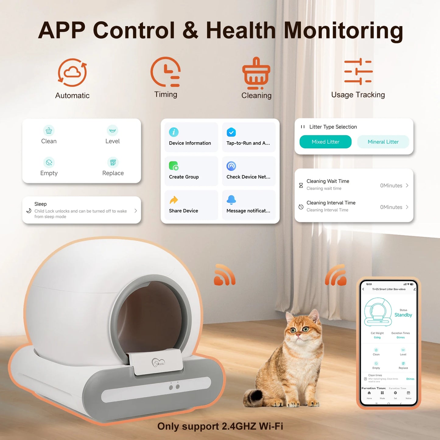 Self-Cleaning Cat Litter Box App Control, ONLY Supports 2.4G WiFi