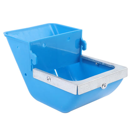 Blue plastic container with metal bracket on a white background