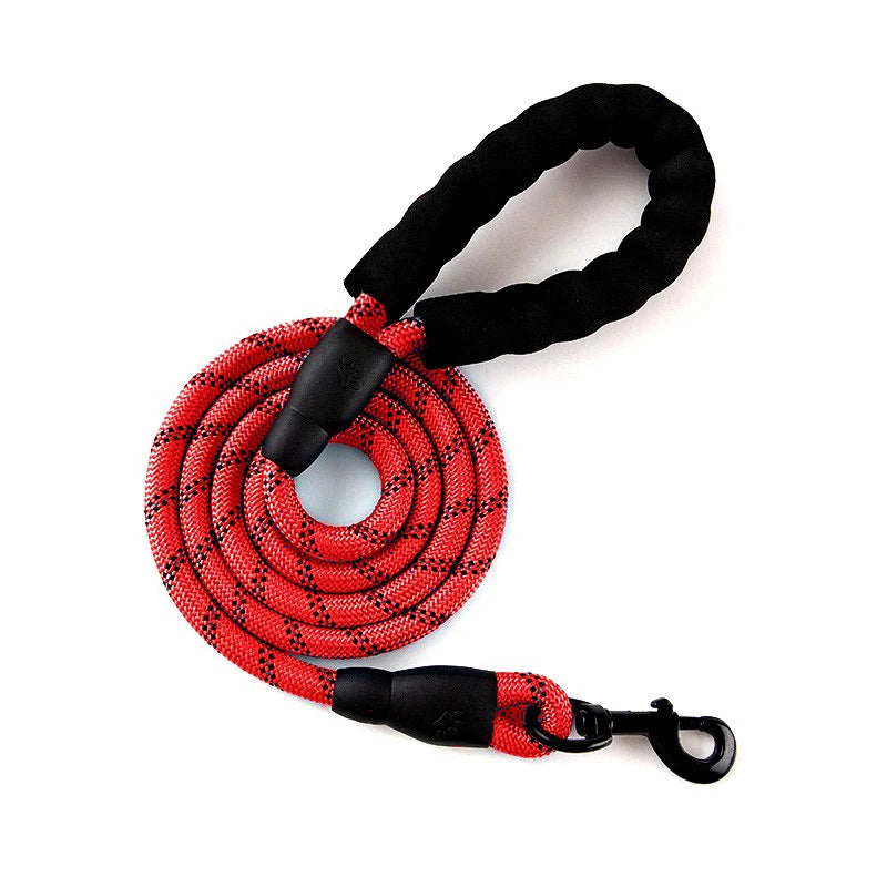Red dog leash with black handle and clip on a white background