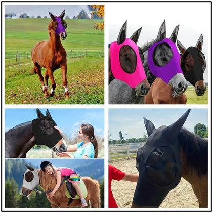 A six-panel collage showing horses wearing different colored fly masks and hoods, including pink, purple, black, and white, in outdoor fields and with a woman petting one horse.