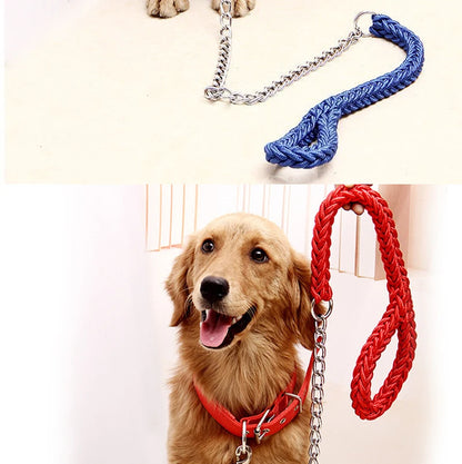 A dog leash set shown in two views: a top close-up of a braided blue rope leash with a silver chain on a light background, and a bottom photo of a golden retriever wearing a red collar with the matching red braided rope leash attached via a silver chain.