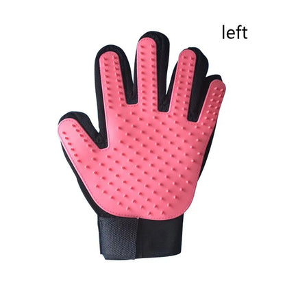 Pink left hand grooming glove with black accents on a white background
