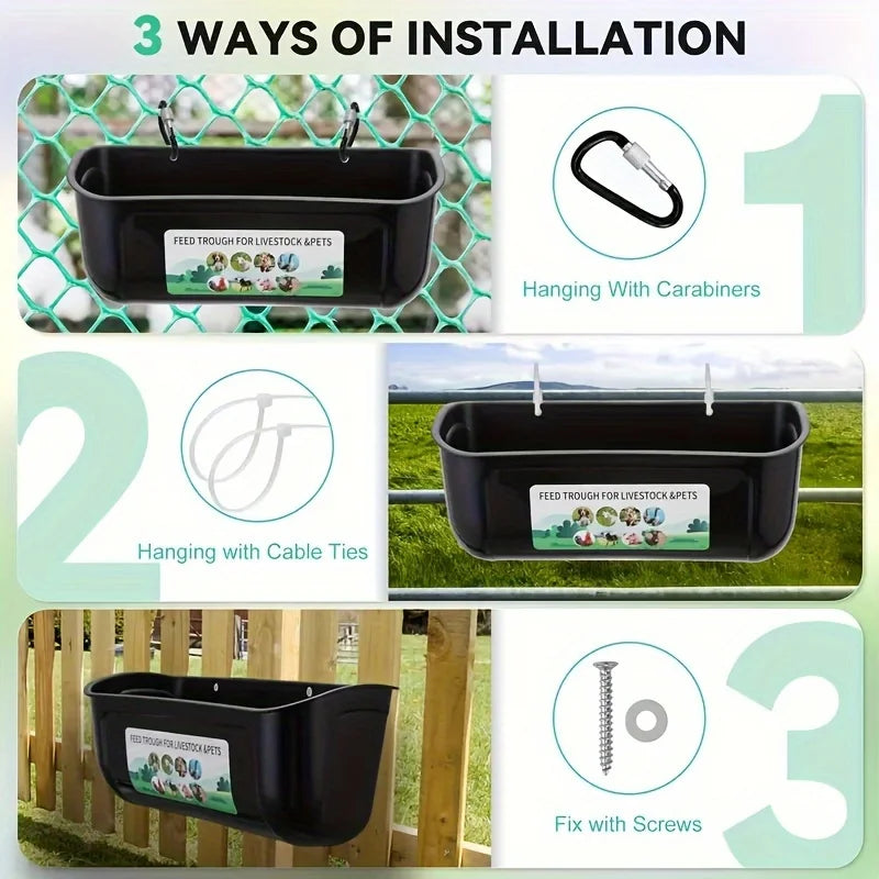 Installation guide graphic showing a black hanging livestock feeder in three ways: hanging with carabiners, hanging with cable ties, and fixing with screws, labeled as 3 ways of installation.