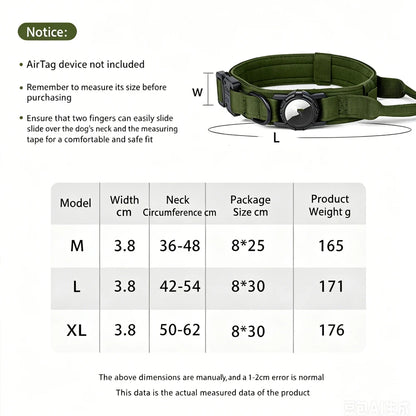 Size guide and product information for an olive green dog collar, including a diagram showing neck width and length measurements, a size table for M, L, and XL sizes, and a note that the AirTag device is not included.