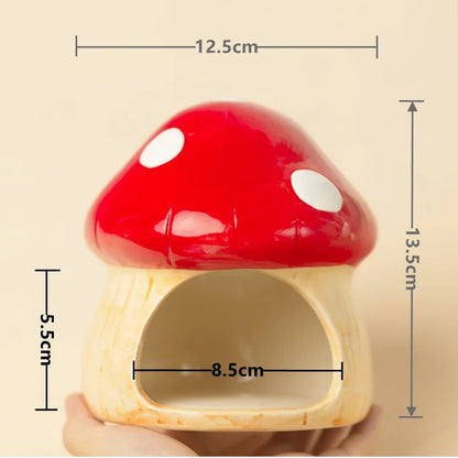 Mushroom-shaped pet house with dimensions on a beige background