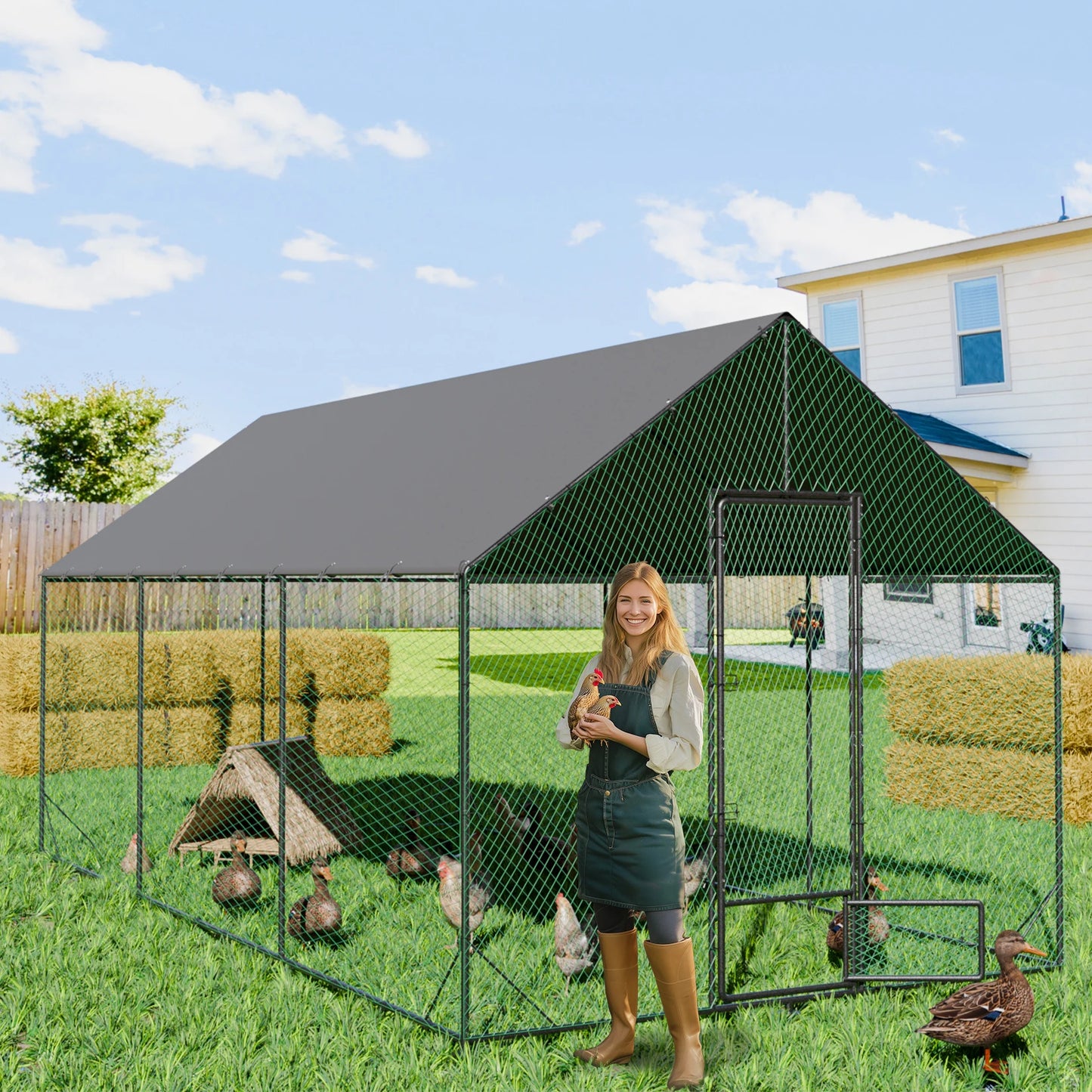 Large Upgrade Metal Chicken Coop Walk-in Poultry Run with Nylon Netting