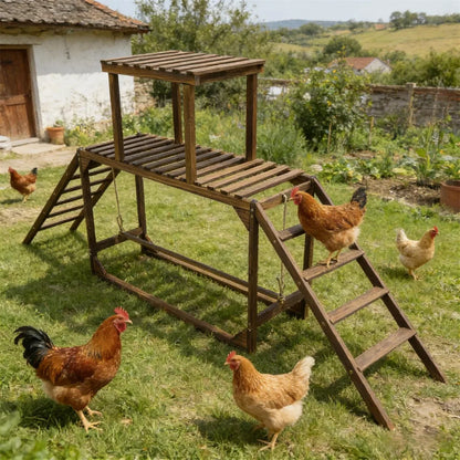Wooden chicken coop with multiple levels in a rural setting