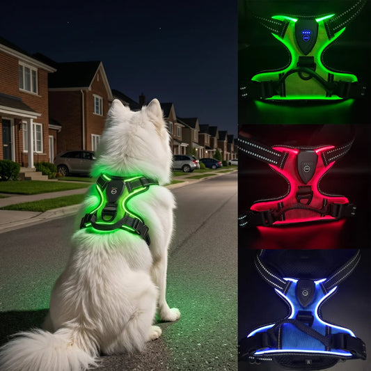 Dog wearing a green LED harness on a street at night, with close-up shots of red and blue LED harnesses.