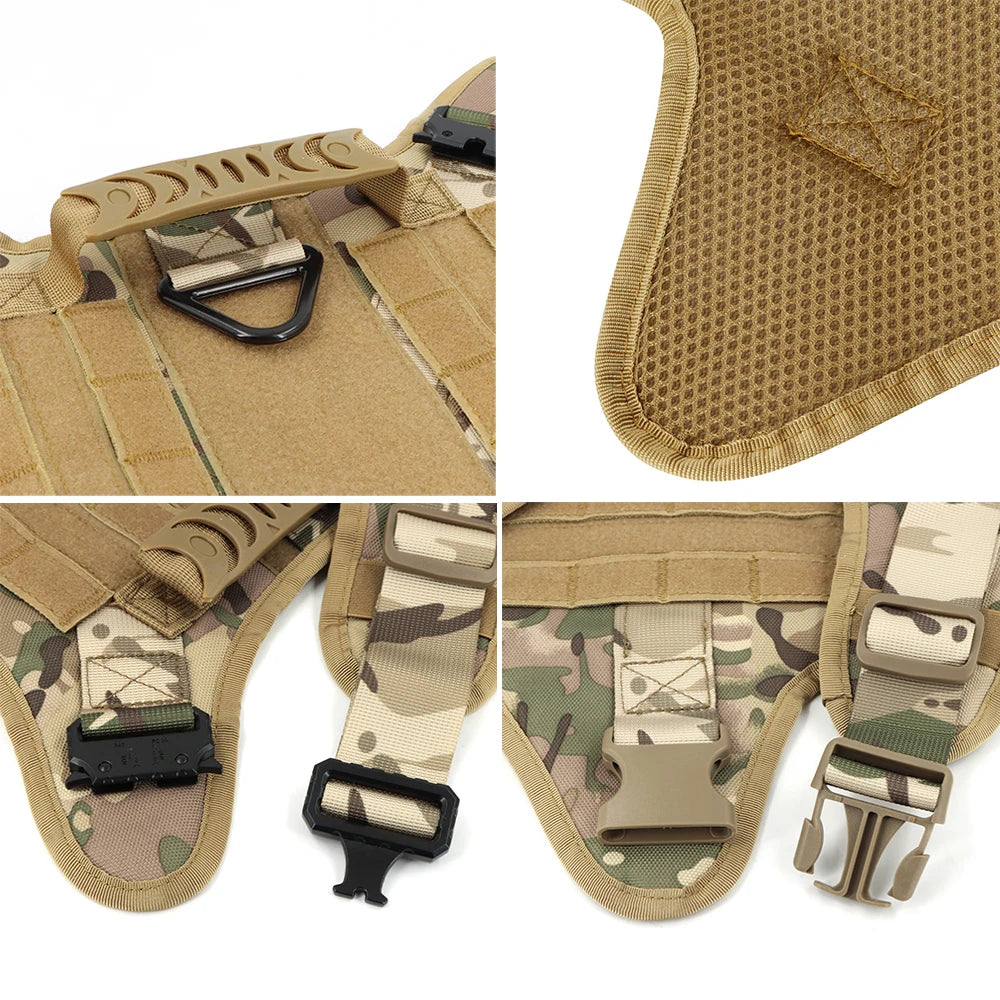 Collage of tactical gear with camouflage patterns and metal components on a white background.