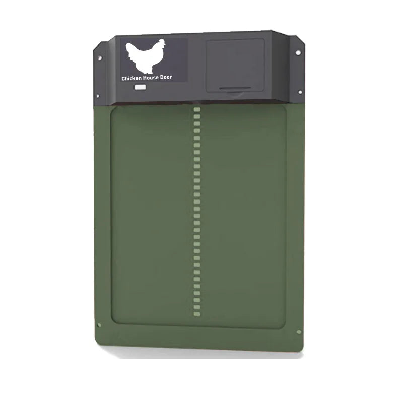 Green chicken house door with a chicken logo on a white background