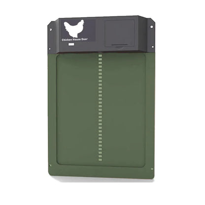 Green chicken house door with a chicken logo on a white background