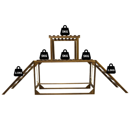 Wooden weightlifting platform with weight markers on a white background