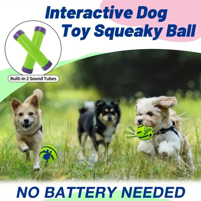 Three dogs playing with a green Interactive Dog Toy Squeaky Ball in a grassy field.