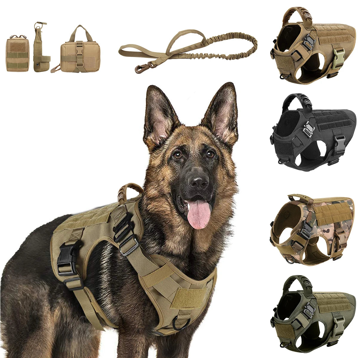 Dog wearing a tactical harness with various other harnesses and accessories displayed around on a white background.