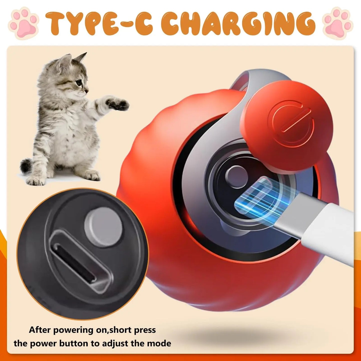 Red electronic device with Type-C charging feature, cat illustration, and text on a beige background