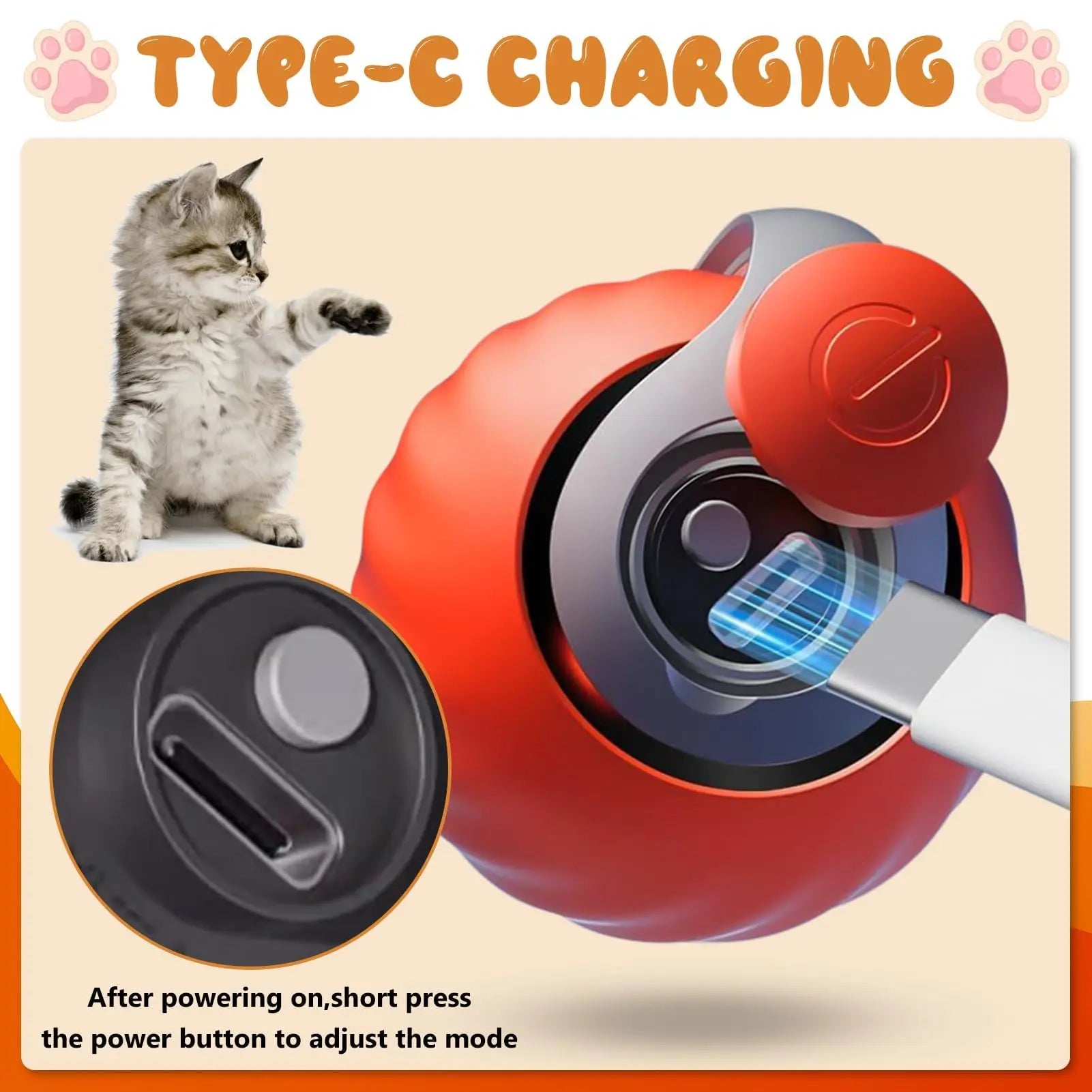Red electronic device with Type-C charging feature, cat illustration, and text on a beige background