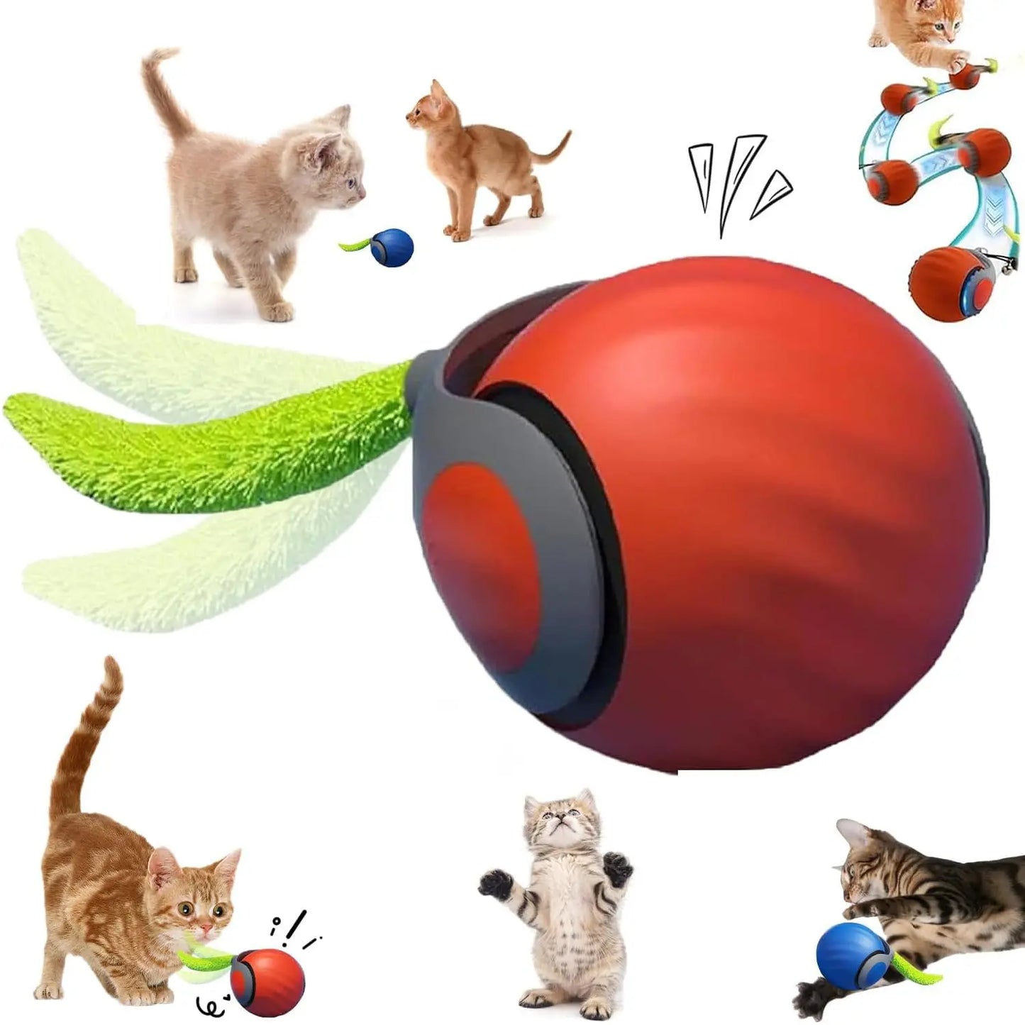 Cat toy ball with wings and a blue ball, surrounded by cats playing with it.