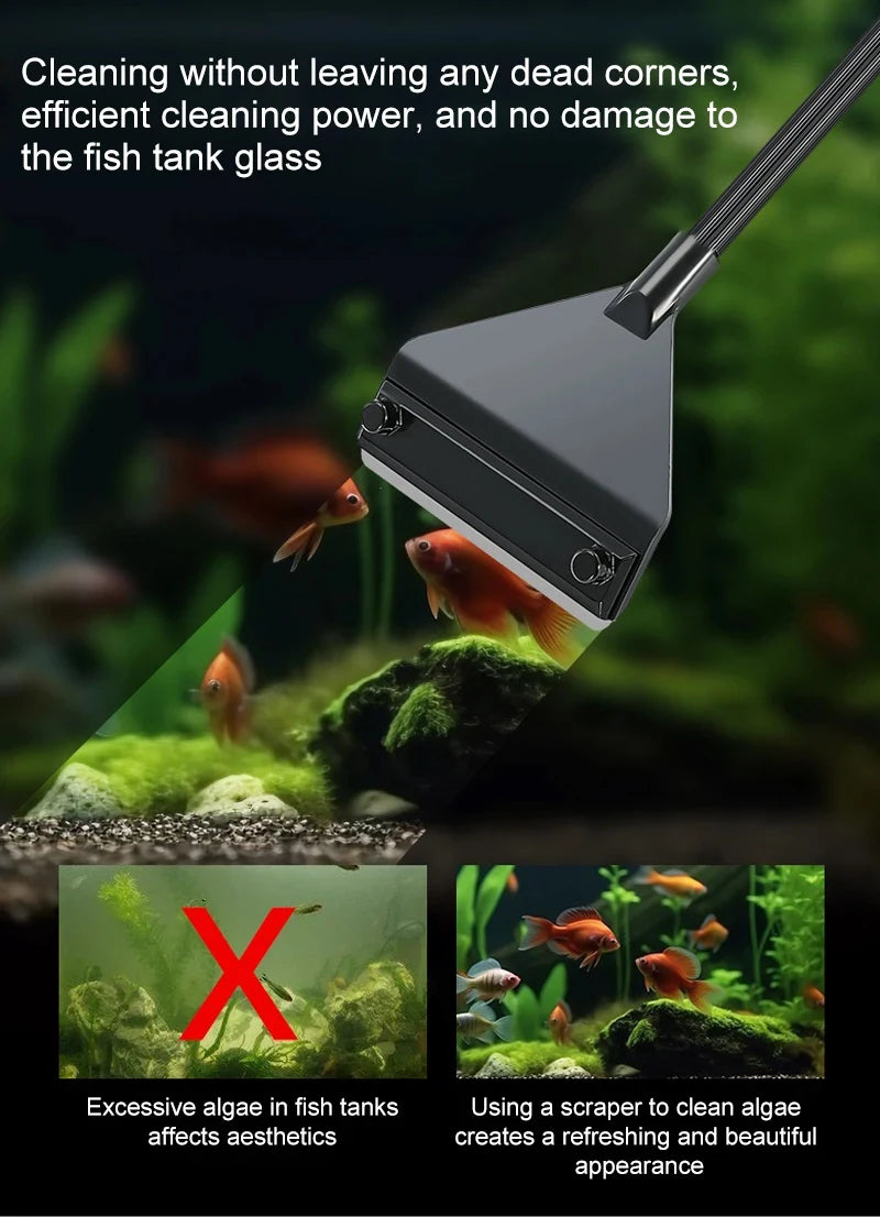Aquarium cleaning tool with text highlighting its benefits over manual cleaning.