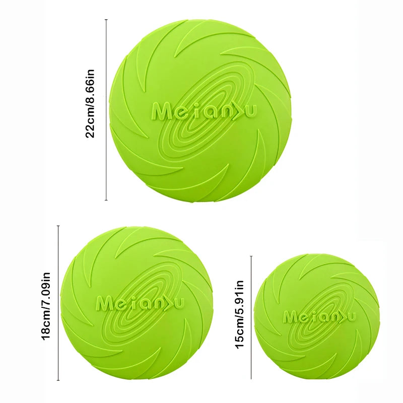 Three green frisbees with 'Meianu' branding and measurements on a white background