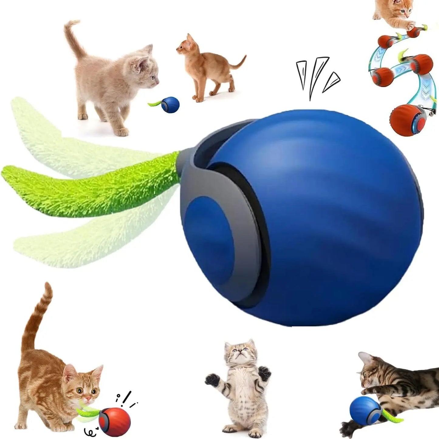 Blue pet toy with green feather and red ball, surrounded by images of cats playing.