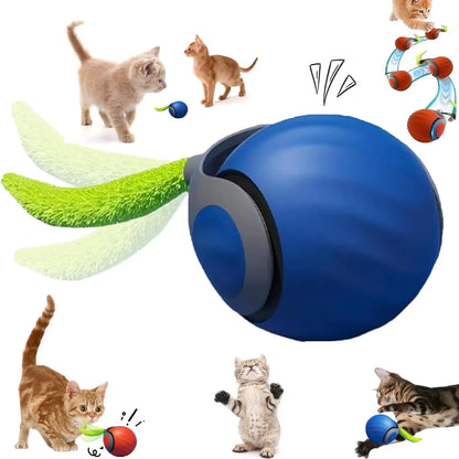Blue pet toy with green feather and red ball, surrounded by images of cats playing.