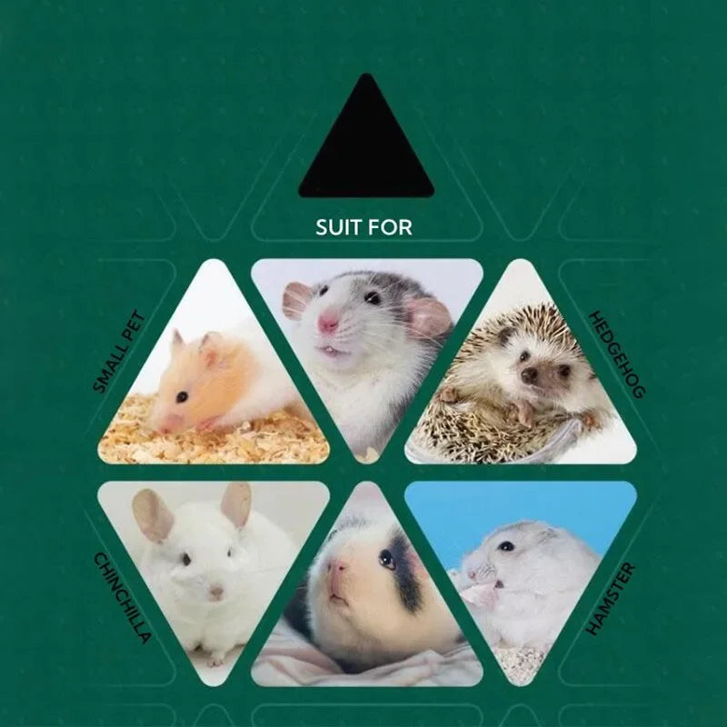 A green informational graphic showing six small animal photos arranged inside triangles under the heading 'SUIT FOR,' including labels for small pet, hedgehog, chinchilla, hamster, and a central rodent. This is not a clean product photo and functions as explanatory/compatibility content, so subject_type is Instruction Diagram rather than Product/Packaging or Lifestyle.