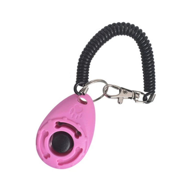 Pink keychain with a coiled black cord on a white background