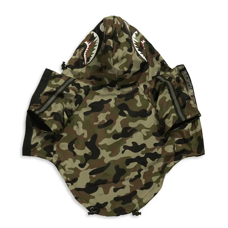 Camouflage-patterned hooded garment on a white background