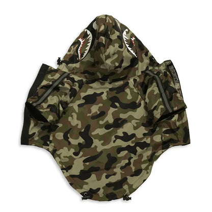 Camouflage-patterned hooded garment on a white background