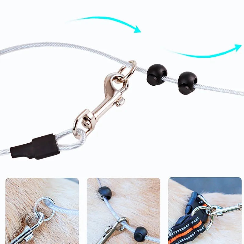 A pet cable leash with a silver metal clasp, black rubber beads, and a black plastic end cap, shown on a white background with three small inset photos demonstrating use on a dog.