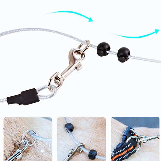 A pet cable leash with a silver metal clasp, black rubber beads, and a black plastic end cap, shown on a white background with three small inset photos demonstrating use on a dog.