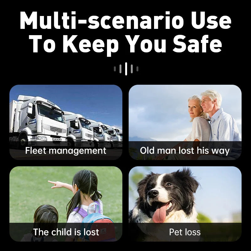 Four scenarios showing the use of fleet management, helping an elderly couple, finding a lost child, and dealing with pet loss.