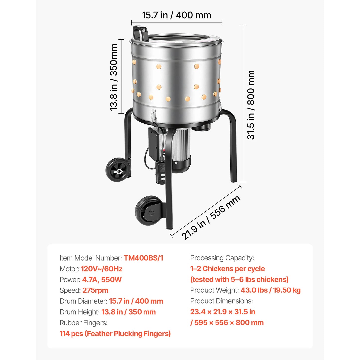 Chicken Plucker Machine 15.7in/19.7in/25.6in Drum