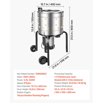Chicken Plucker Machine 15.7in/19.7in/25.6in Drum
