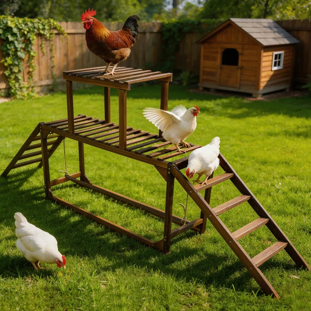 Rooster and chickens on a wooden playground structure in a backyard setting.