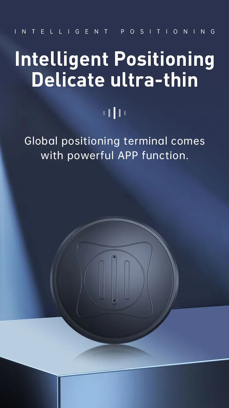 A dark round electronic device with a minimalist geometric logo, displayed on a reflective pedestal against a blue and black background with promotional text about intelligent positioning.