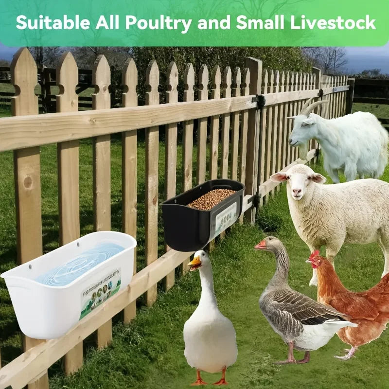 A wall-mounted livestock watering and feeding system shown outdoors on a wooden fence, with a white water trough filled with water, a black feed hopper containing grain, and several animals including a sheep, goose, chicken, and a horse nearby. A green banner at the top reads 'Suitable All Poultry and Small Livestock.