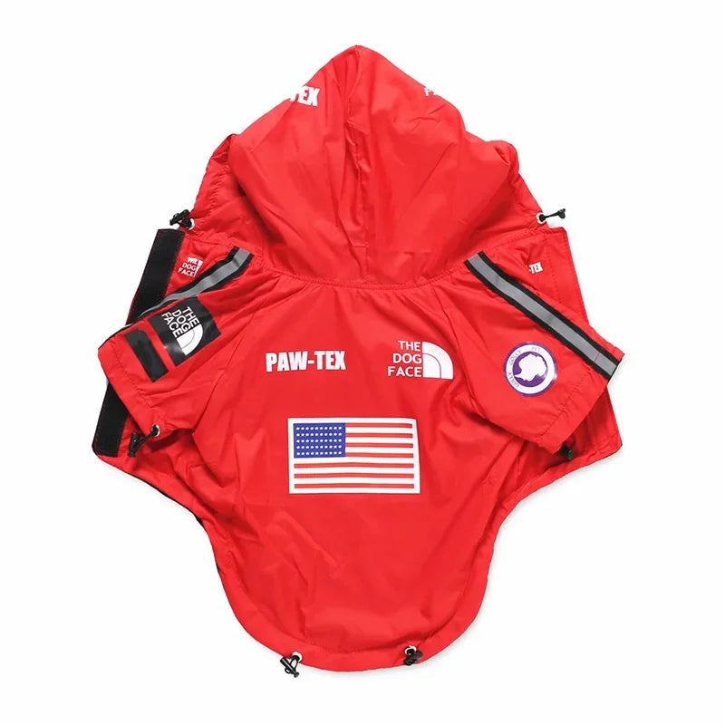Red dog raincoat with American flag design and 'PAW-TEX' branding on a white background