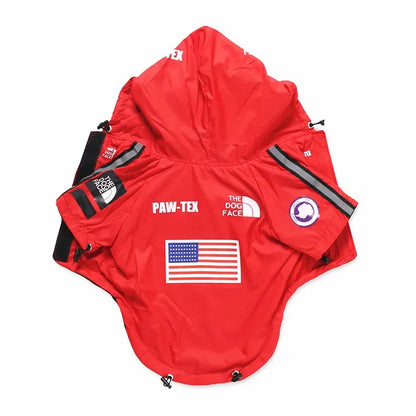 Red dog raincoat with American flag design and 'PAW-TEX' branding on a white background