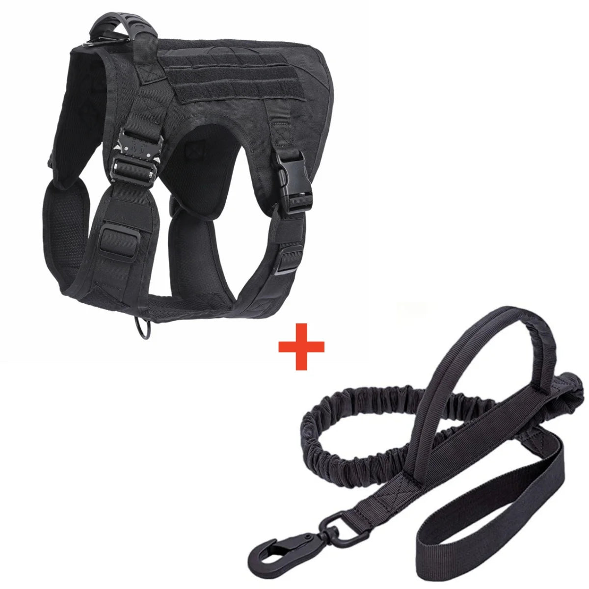 Black tactical dog harness and leash set on a white background