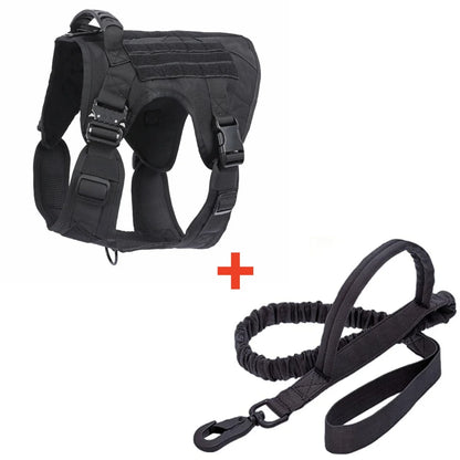 Black tactical dog harness and leash set on a white background