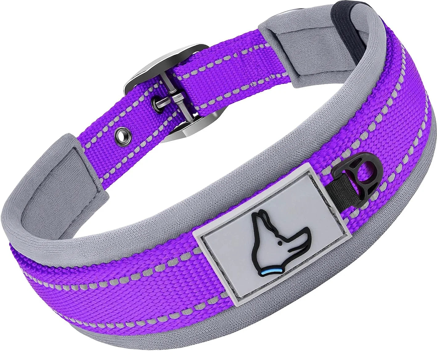 Purple and gray dog collar with a reflective strip and a paw print design on a white background