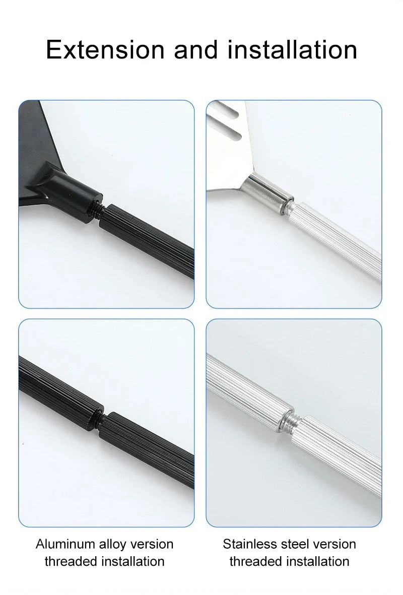 Collage showing extension and installation of aluminum alloy and stainless steel versions on a white background.