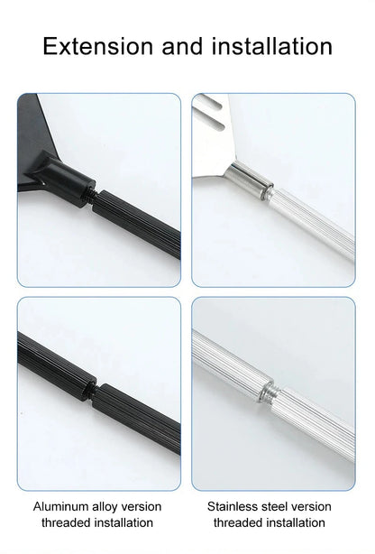 Collage showing extension and installation of aluminum alloy and stainless steel versions on a white background.