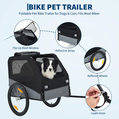 Black foldable pet bike trailer with a black-and-white dog sitting inside, shown on a light blue background with callout circles highlighting features: flip-up mesh window, reflective strips, reflector wheels, and leash hook.