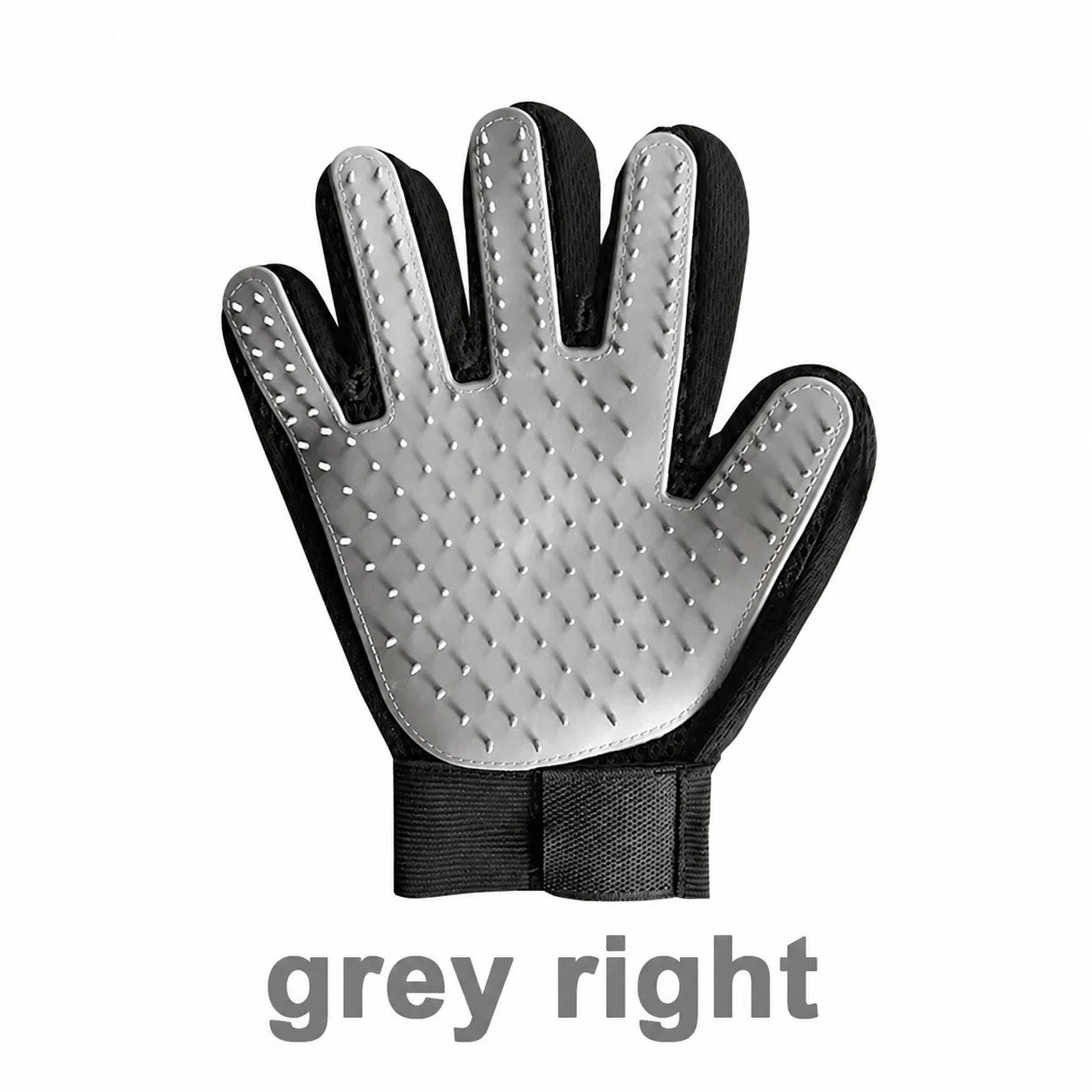 Gray grooming glove on a white background with text 'grey right'.