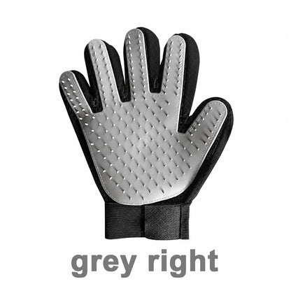 Gray grooming glove on a white background with text 'grey right'.