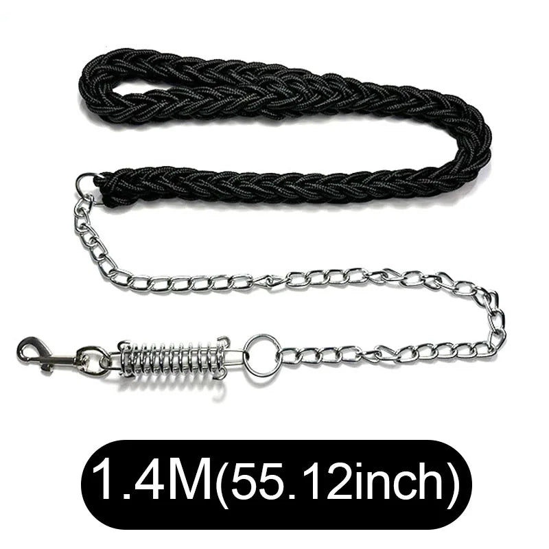 A black braided rope dog leash with a silver metal chain, spring, and clasp, displayed on a white background with a black text label at the bottom indicating its length as 1.4M (55.