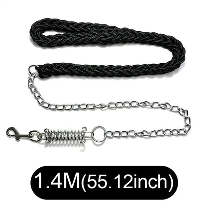 A black braided rope dog leash with a silver metal chain, spring, and clasp, displayed on a white background with a black text label at the bottom indicating its length as 1.4M (55.